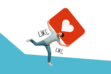 Creative collage image happy crazy young man lose balance hold large symbol heart like romantic...