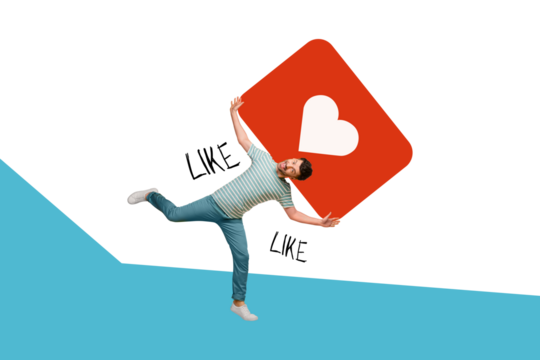 Creative collage image happy crazy young man lose balance hold large symbol heart like romantic reaction repost followers social media