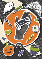 Halloween collage poster with stickers elements and photo of human hand holding spider. Halloween concept background. Vector flat template.