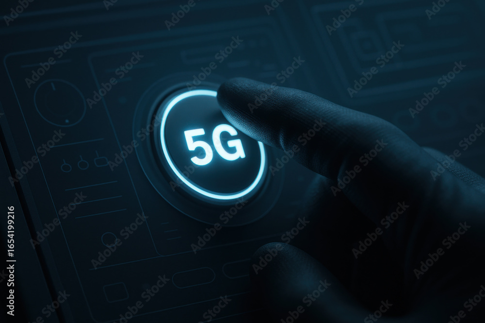 Poster 5g technology button being pressed on futuristic digital interface with dark background
