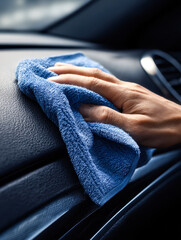 Person cleaning car dashboard with a blue microfiber cloth
