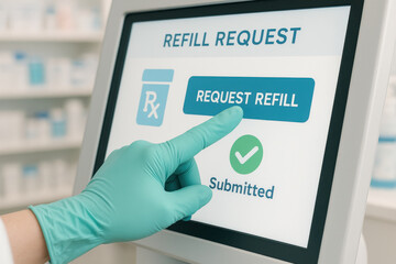 Refill request on touchscreen with hand in medical glove pressing button for medication