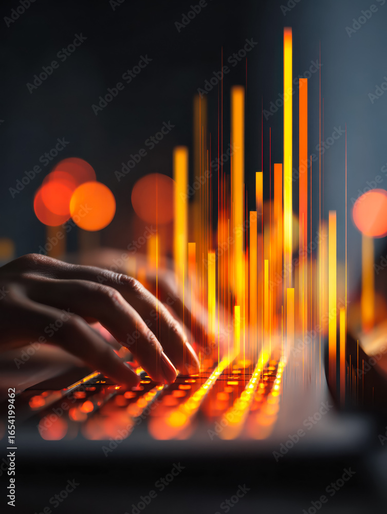 Poster digital data visualization with a person typing on a illuminated keyboard