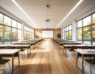 Spacious, modern classroom with rows of desks, ready for learning, with large windows.