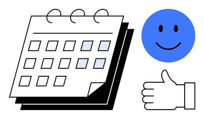 Calendar indicating specific dates, blue smiling face, and thumbs-up hand gesture. Ideal for planning, productivity, scheduling, organization, time management, motivation simple landing page