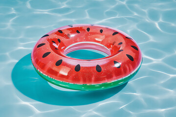 A watermelon-themed inflatable ring floats on clear blue water in a sunlit pool, casting a vibrant shadow beneath it