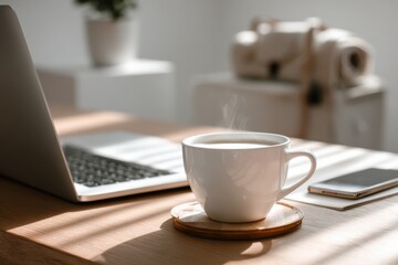 Warm morning light illuminates a coffee cup on a modern home office desk.