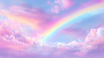 A vibrant rainbow arcs across a dreamy sky filled with soft, pastel-colored clouds in shades of pink, purple, and blue, creating a serene and magical atmosphere