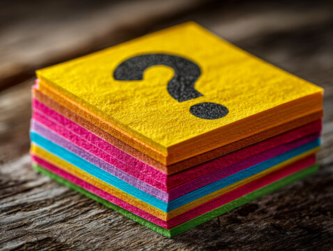 Colorful sticky notes with a question mark symbol on a rustic wooden surface