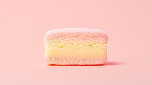 Soft pastel colored square candy on a pink background