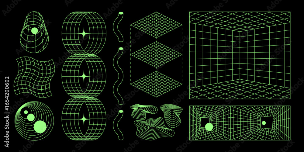 Poster geometric wireframes in cyber style with retro grid elements - neon green shapes, warped tunnels and