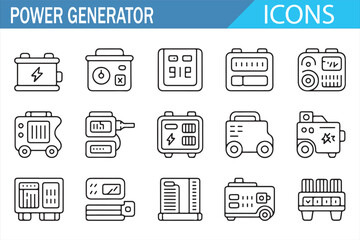 Electricity and Power Backup Icons: Generator, Battery, and Solar