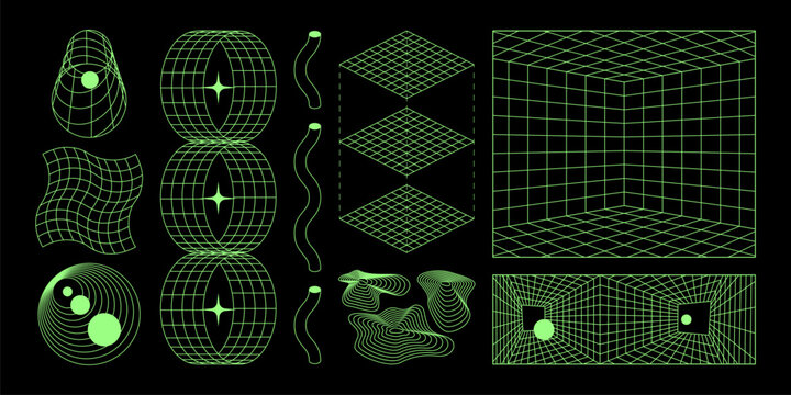 Geometric wireframes in cyber style with retro grid elements - neon green shapes, warped tunnels and dimensional cubes. Wave patterns, isometric layers with spheres and star for futuristic design.