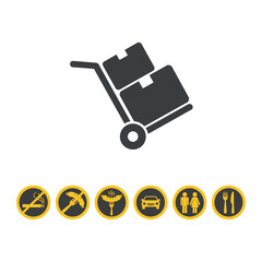 A graphic featuring a hand truck with boxes and various prohibition and service icons below it vector
