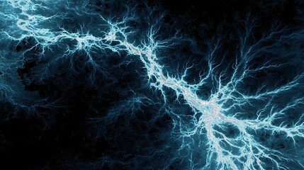 Neon blue and white fractal electricity branching through cosmic void, symbolizing natural energy.