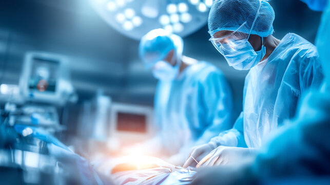 Surgeons in sterile blue gowns and masks perform a precise operation in a brightly lit, high-tech operating room with advanced medical equipment