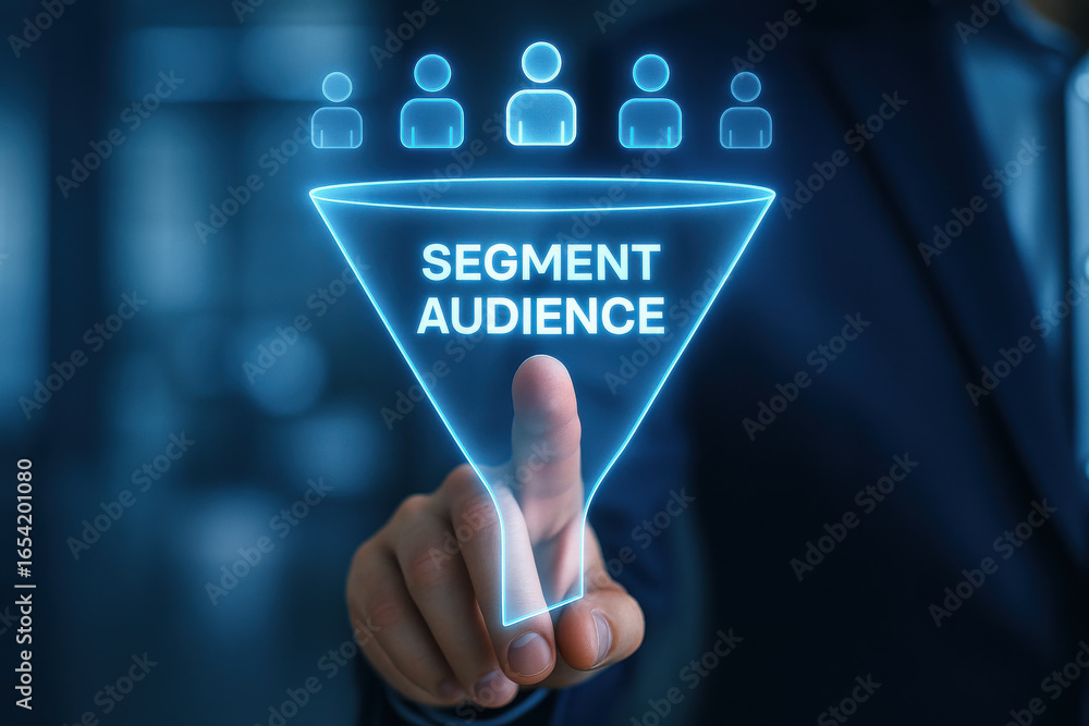 Poster segment audience concept with hand pointing at digital funnel and user icons