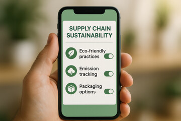 Supply chain sustainability app showing eco friendly practices, emission tracking, and packaging