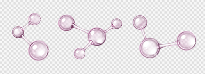 Glossy chemical molecules with atom connections - 3d pink spheres linked by bonds for science visualization. Transparent bubble particles in molecular chains for educational or cosmetic graphics.