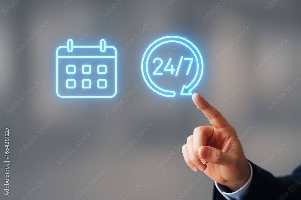 Poster hand pointing at glowing calendar and 24/7 icons representing continuous service availability