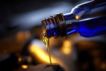 Golden oil being poured from a blue bottle into an engine, highlighting smooth flow and shiny textures with warm lighting and a blurred mechanical background
