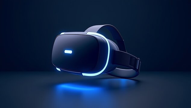 "VR headset mock up floating in mid-air, glowing blue edges, futuristic minimal dark background, immersive tech concept"