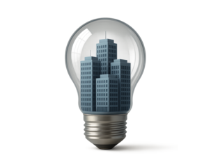 Conceptual illustration of a city skyline contained within a clear glass light bulb representing urban innovation and bright ideas isolated on transparent background
