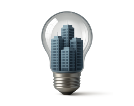 Conceptual illustration of a city skyline contained within a clear glass light bulb representing urban innovation and bright ideas isolated on transparent background