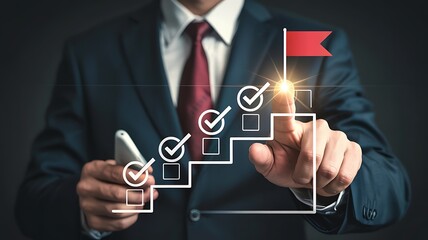 Businessman s hand points to a glowing staircase graphic with checkmarks leading to a red flag symbolizing success and goal achievement