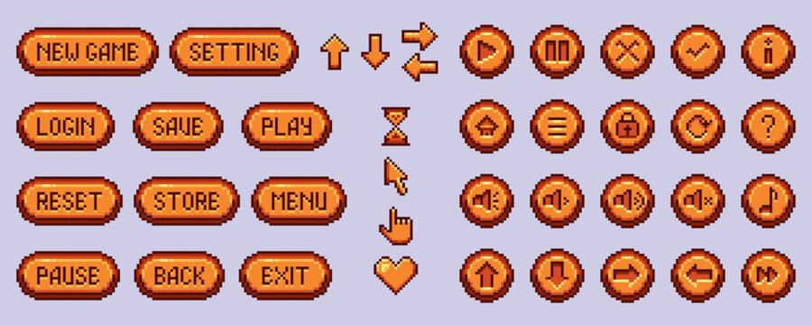 Pixel game button interface set with menu options - new game, settings, save and play functions with round icons. Retro 8 bit navigation elements with arrows, cursor and heart for arcade application