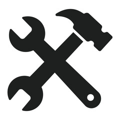 A black and white graphic featuring a crossed wrench and hammer on a plain white background space vector
