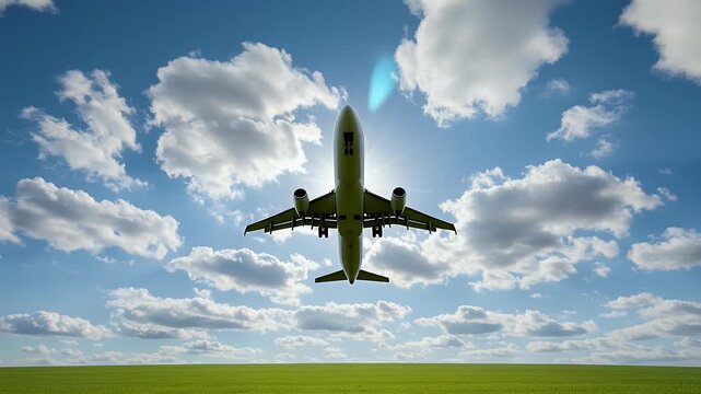 Airplane takeoff over green field animation