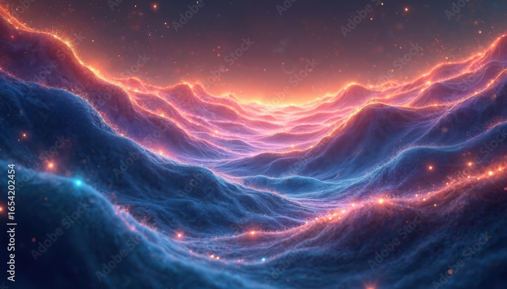 Poster abstract illustration cosmic waves, glowing particles, blending blue, orange hues. visualization rep