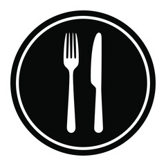 White fork and knife on black circle with white border indicating a restaurant or dining place vector