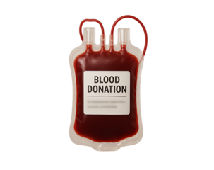 A single blood bag filled with dark red blood labeled blood donation isolated on a transparent background for medical or health related concepts isolated on transparent background