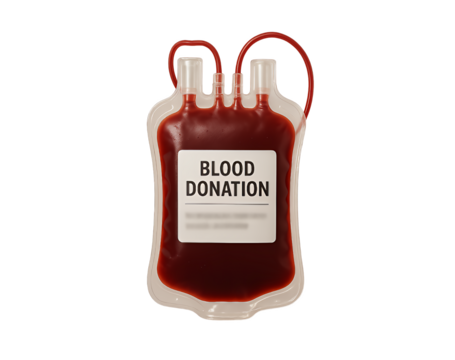 A single blood bag filled with dark red blood labeled blood donation isolated on a transparent background for medical or health related concepts isolated on transparent background - Powered by Adobe