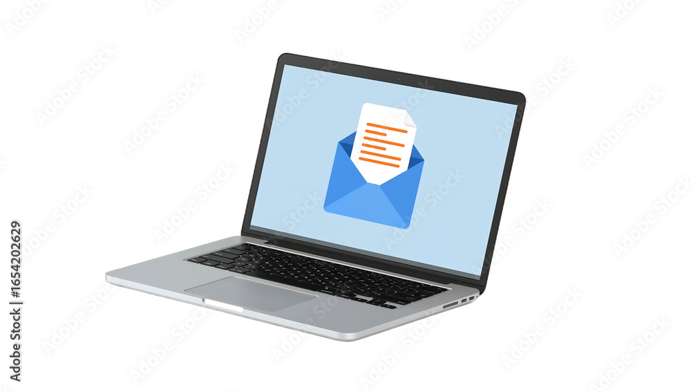 Poster laptop displaying an email notification; a digital message in an open envelope on the screen.