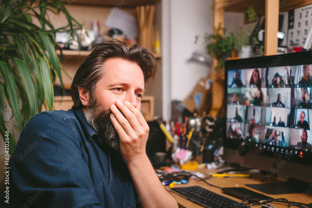 Poster man with hand on face looks concerned during a video conference call on a computer in a cluttered ho
