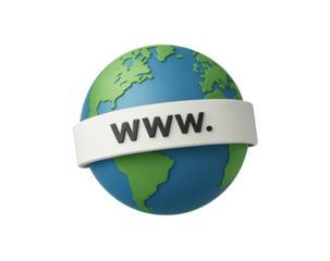Stylized 3d globe with the letters www prominently displayed on a white banner wrapped around its equator representing the internet and global connectivity isolated on transparent background
