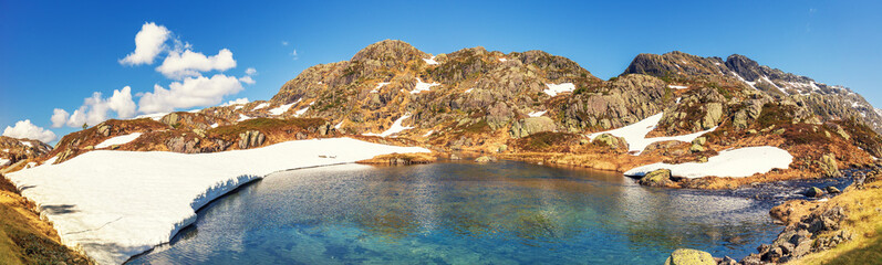 Panoramic view of the valley with a high mountain lake. Natural park in the municipality of Sauda. The beautiful nature of Norway
