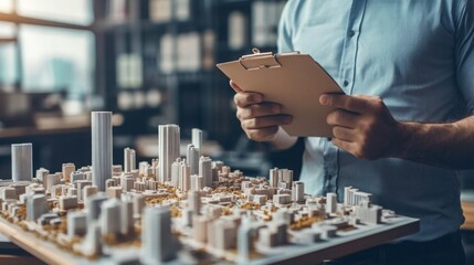 A person holds a clipboard while examining a detailed architectural model of a city, showcasing various buildings and urban development.