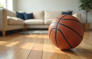 Obraz premium Leather basketball rests on a polished hardwood floor. Blurred living room background with sofa, pillows, rug. Bright indoor scene, clean surface, natural light. Sport object.