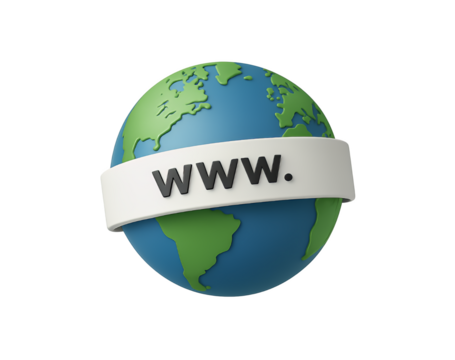 Stylized 3d globe with the letters www prominently displayed on a white banner wrapped around its equator representing the internet and global connectivity isolated on transparent background