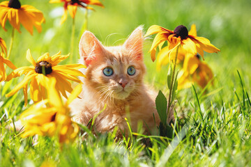 Cute little red kitten lying on the lawn with Rudbeckia hirta (Black-eyed Susan) flowers in the...