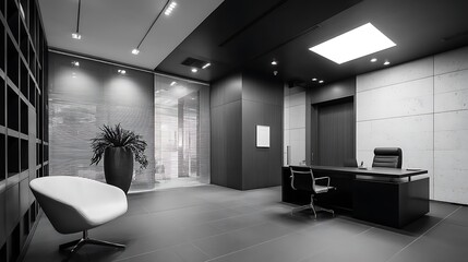 Monochrome grandeur: A modern office space radiates professional serenity and luxury