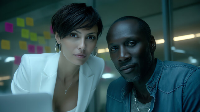 Two professionals, a woman in a white blazer and a man in a denim shirt, intensely focus on a task in a modern office with colorful sticky notes on the glass wall behind them