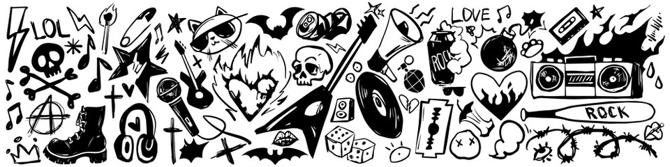 Chaotic punk rock doodle set with skulls, lightning bolts and rebellious graffiti elements for alternative music art. Boombox with boots, bats and anarchy symbols for underground culture designs. © klyaksun