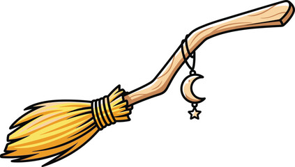 Whimsical cartoon broom with moon charm perfect for Halloween designs