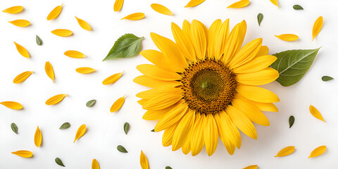Yellow sunflower flat lay beautifully arranged on clean white background