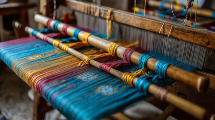 Traditional loom with colorful woven fabric